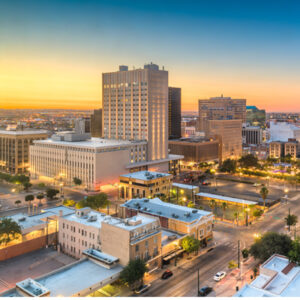 El Paso, Texas, USA downtown city skyline at twilight.